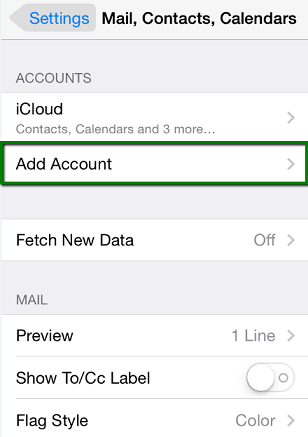 iPhone Mail, Contacts, Calendars settings with Add Account highlighted