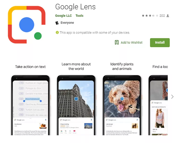Google Lens app page in Google Play with the Install button