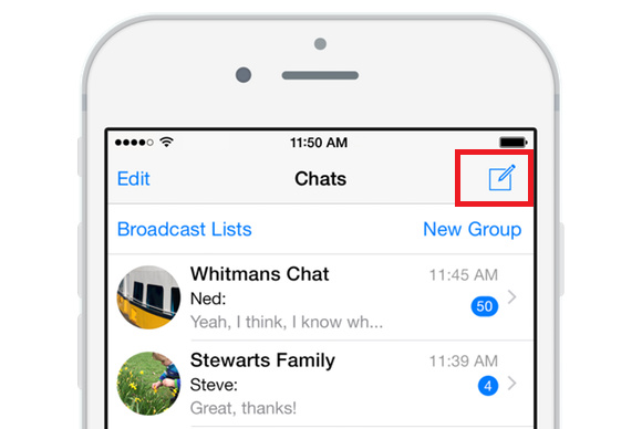 WhatsApp Chats screen on iPhone with the new chat icon highlighted