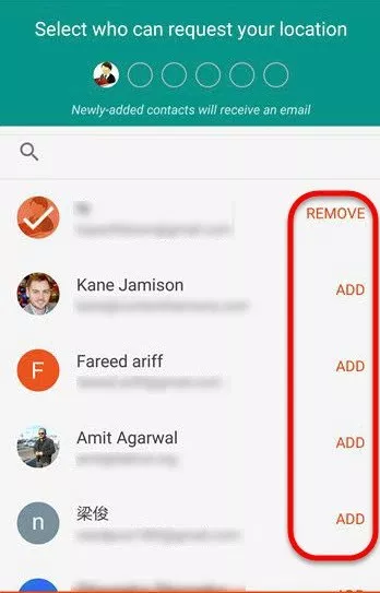 Trusted Contacts screen for choosing who can request your location, with Add buttons circled