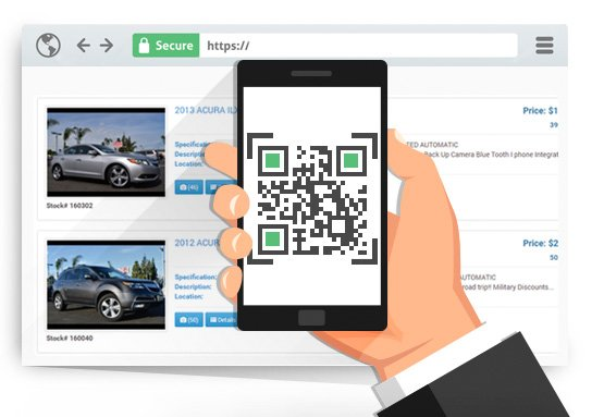 Phone scanning a QR code in front of a car dealer's web page