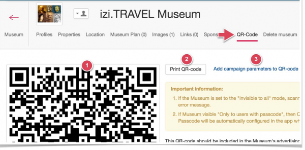 izi.TRAVEL museum page with the QR-Code tab, its QR code and the Print QR-code button