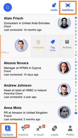Covve contacts list with the Add/Scan button highlighted