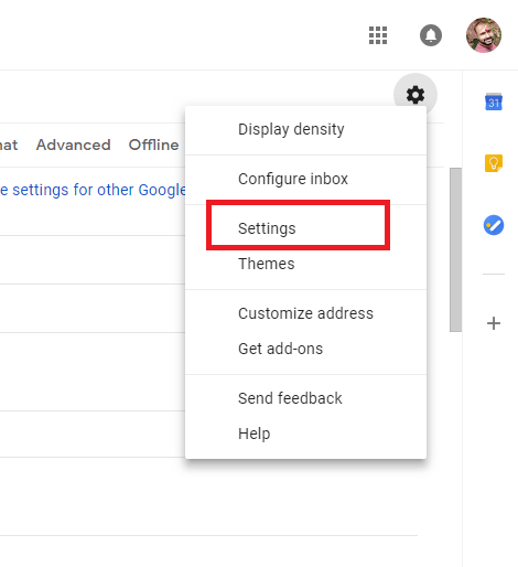 Gmail gear menu with Settings highlighted