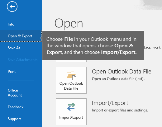 Outlook File menu with Open & Export selected and the Import/Export option