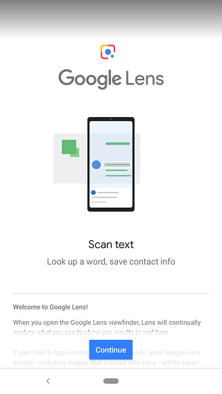Google Lens welcome screen for scanning text and saving contact info, with the Continue button