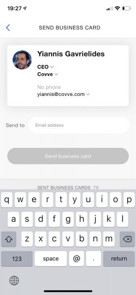 Covve Send business card screen with your digital business card and an email address field