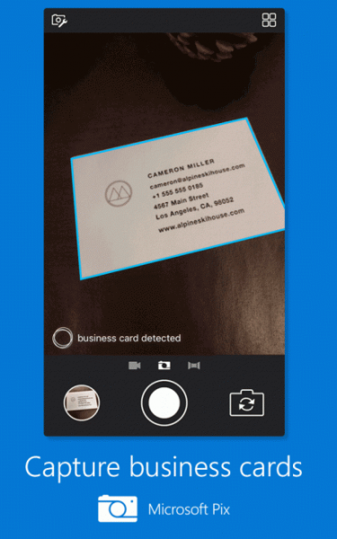 Microsoft Pix detecting a business card in the camera view