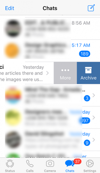 WhatsApp chat swiped left on iPhone, showing the More and Archive buttons