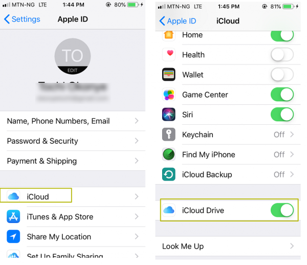 iPhone Apple ID settings with iCloud highlighted, then the iCloud Drive switch turned on