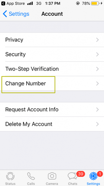 WhatsApp Account settings on iPhone with Change Number highlighted