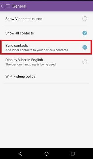 Viber General settings with Sync contacts checked and highlighted