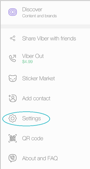 Viber More menu with Settings circled