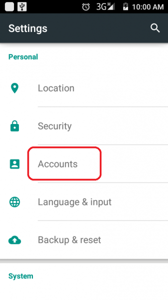 Android Settings with Accounts circled