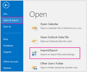 Outlook Open & Export page with Import/Export highlighted