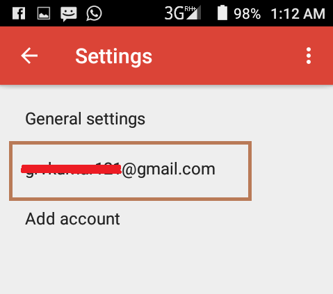 Gmail app Settings on Android with the email account highlighted