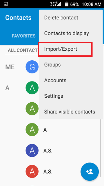 Android Contacts menu with Import/Export highlighted