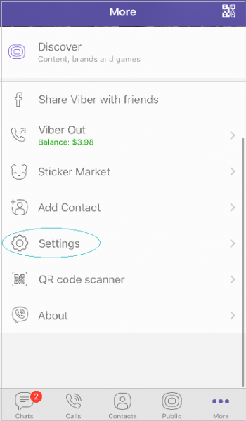 Viber More screen with Settings circled