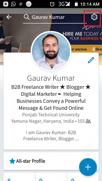 LinkedIn app profile page with the Settings cog highlighted