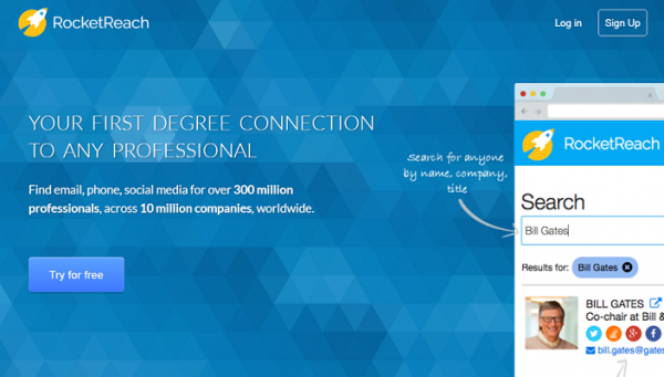 RocketReach home page for finding email, phone and social media of professionals