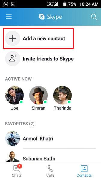 Skype Contacts on Android with Add a new contact highlighted
