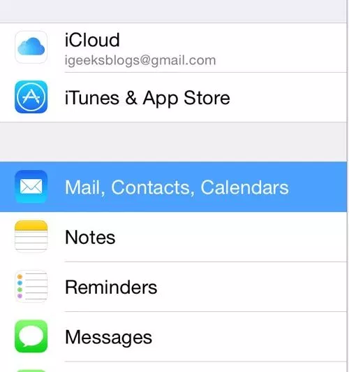 iPhone Settings list with Mail, Contacts, Calendars highlighted
