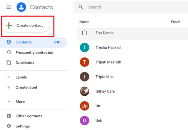 Google Contacts with the Create contact button highlighted