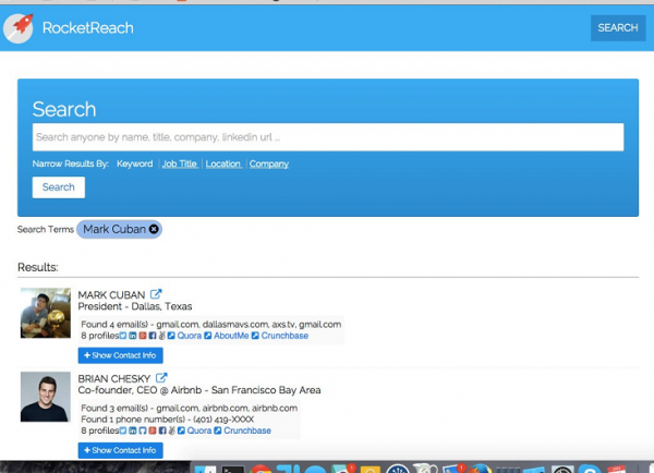 RocketReach search results showing the email domains and profiles found for each person