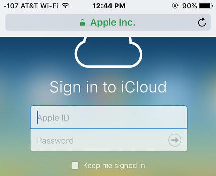 Sign in to iCloud page on an iPhone with Apple ID and password fields