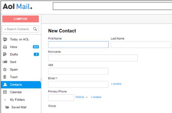 AOL Mail with Contacts selected in the left-hand menu and a New Contact form