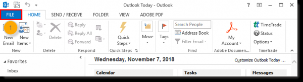 Outlook ribbon with the File tab highlighted
