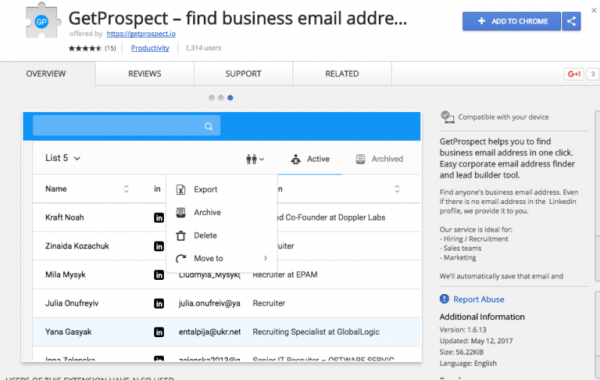 GetProspect Chrome extension page in the Chrome Web Store with its list of found email addresses