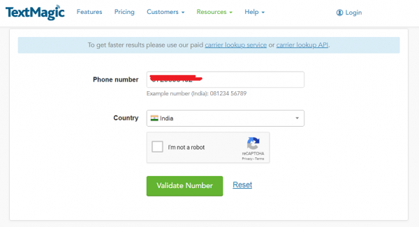 TextMagic number validation form with the phone number, country and Validate Number button