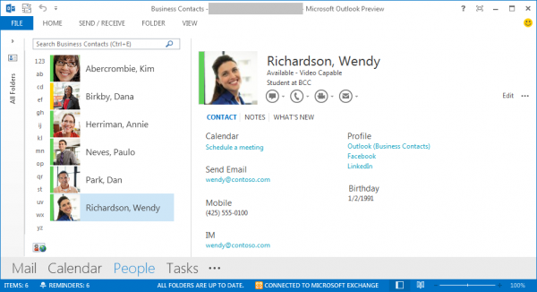 Outlook People view listing business contacts, with a contact card open