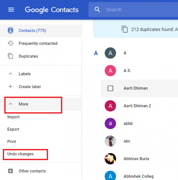 Google Contacts sidebar with More expanded and Undo changes highlighted