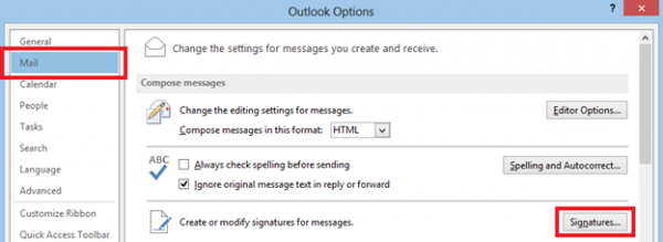 Outlook Options with Mail selected and the Signatures button highlighted