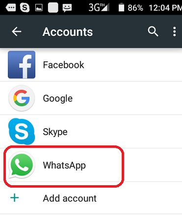 Android Accounts list with WhatsApp circled