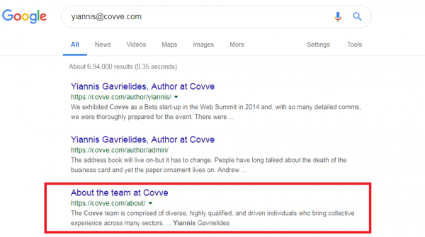 Google search results with the company's About the team page highlighted