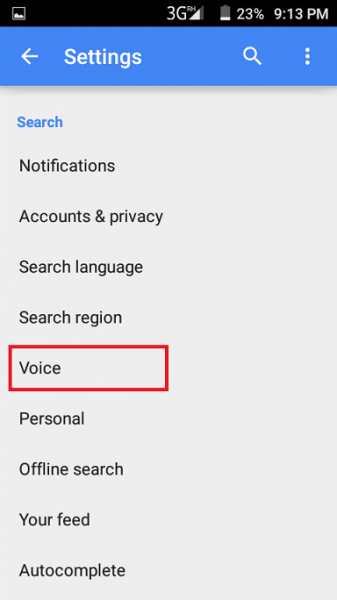 Google app Settings with Voice highlighted