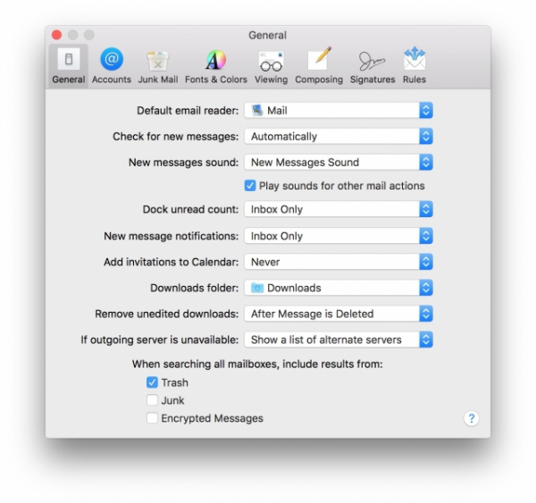 Mac Mail Preferences window on the General tab, with the Signatures tab in the toolbar
