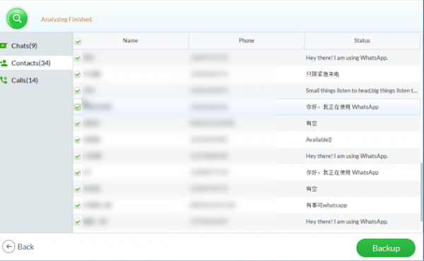 WhatsApp backup tool listing the scanned WhatsApp contacts, all selected, with the Backup button