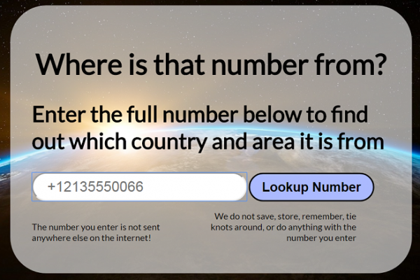 Where Is That Number From form for entering a full phone number and looking up its country