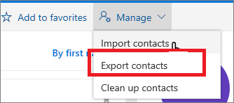 Outlook People Manage menu with Export contacts highlighted