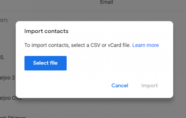 Google Contacts Import contacts dialog with the Select file button for a CSV or vCard file