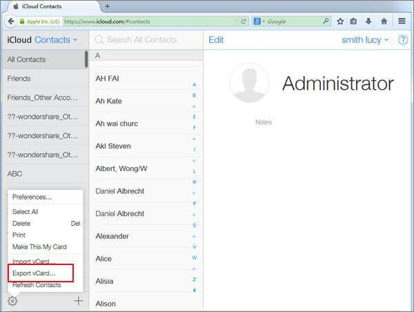 iCloud Contacts gear menu with Export vCard highlighted