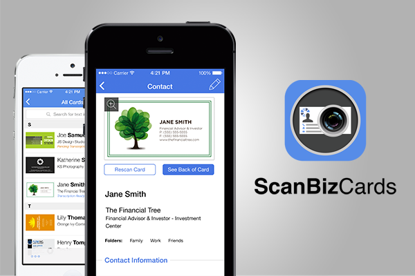 ScanBizCards app on two iPhones showing scanned business cards, next to the app icon