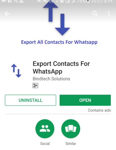 Export Contacts For WhatsApp app page in Google Play, with the Open button