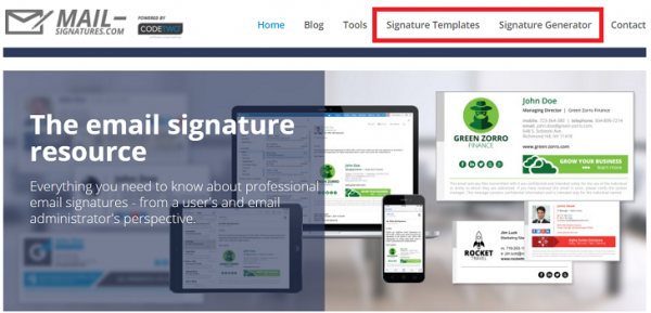 Mail-signatures.com menu with the Signature Templates and Signature Generator tabs highlighted