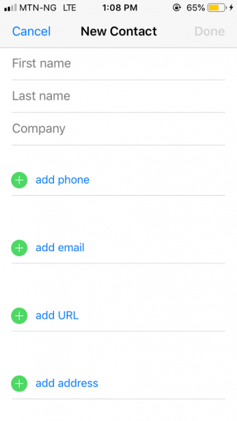 WhatsApp New Contact form on iPhone with name, company and phone fields