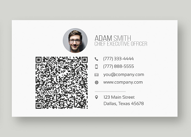 Business card with a large QR code next to the contact details